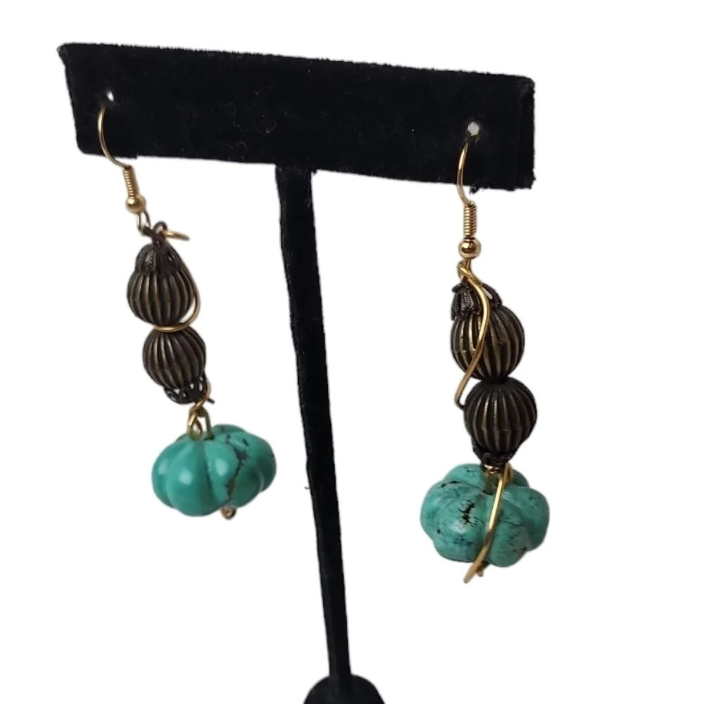 Turquoise Pumpkin Wire Wrapped Dangle Earrings - Picture 2 of 2